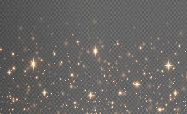Золотая пыль с золотыми сверкающими звездами на прозрачном фоне. Блестящая текстура. Рождественский эффект для роскошных открыток.  - Вектор,изображение