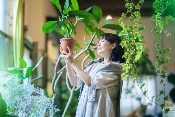 Una giovane donna che guarda le piante fogliari con un sorriso - Foto, immagini
