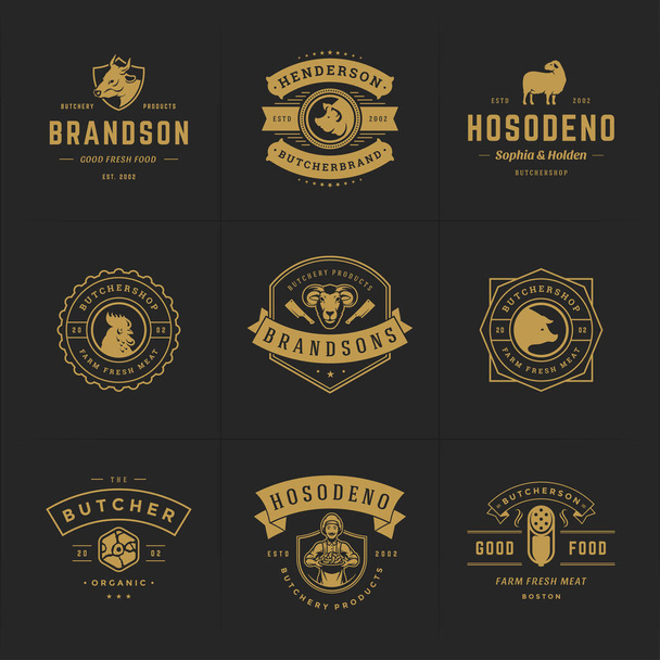 Butcher shop logos set vector illustration good for farm or restaurant badges with animals and meat silhouettes - Vektor, obrázek