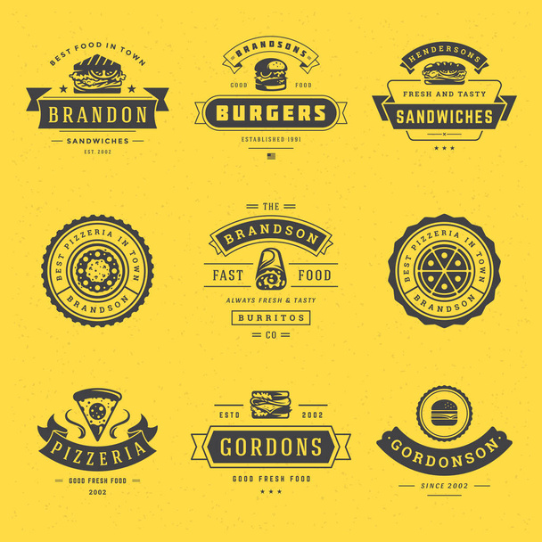 Fast food logos set vector illustration good for pizzeria, burger shop and restaurant menu - Vettoriali, immagini