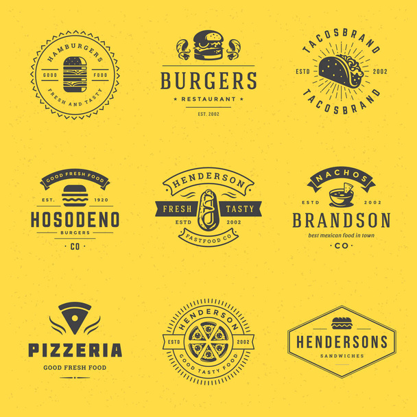 Fast food logos set vector illustration good for pizzeria, burger shop and restaurant menu - Διάνυσμα, εικόνα