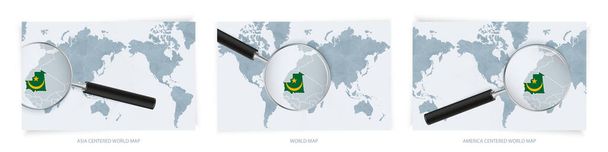 Blue Abstract World Maps with magnifying glass on map of Mauritania with the national flag of Mauritania. Three version of World Map. - Vector, Image