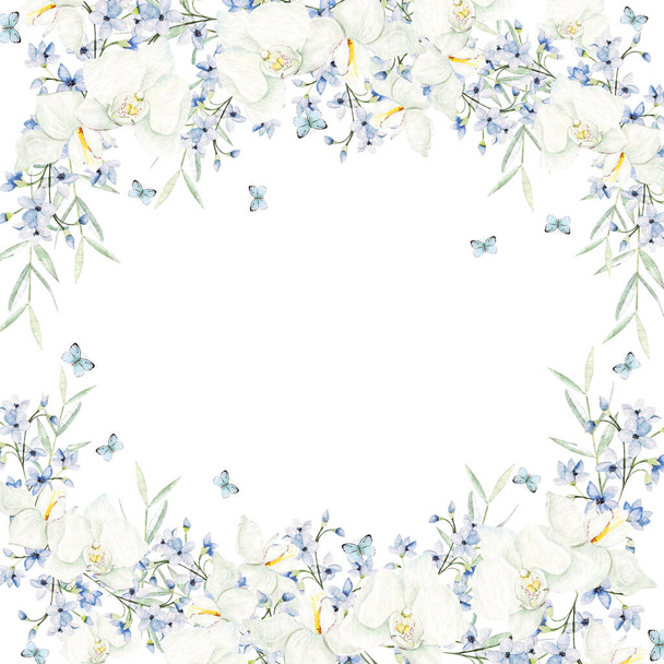 Krásná akvarel karta s orchidej konec modré květy. Ilustrace. - Fotografie, Obrázek