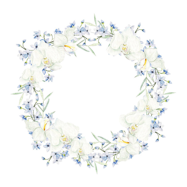Beautiful watercolor wreath with orchid end blue flowers . Illustration. - Foto, Imagen