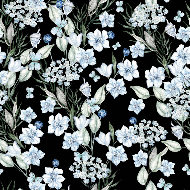 Hermoso patrón de acuarela sin costuras con flores y hojas azules. Ilustración - Foto, Imagen