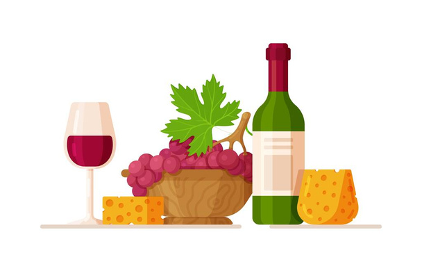 Винна пляшка зі склом та виноградом. Векторні ілюстрації концепції вина. Вино в келиху, виноградна гілка, сир
. - Вектор, зображення