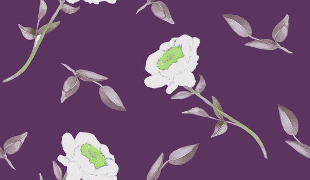 Gyöngyös fehér virágok és levelek, kézzel festett akvarell illusztráció, zökkenőmentes minta design sötét lila háttér - Fotó, kép