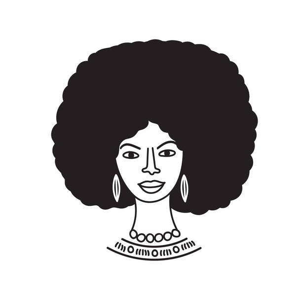 Afrikalı Amerikalı kadın yüzü, kıvırcık saçlı zenci ırk logosu. Sosyal medya avatarı, basit bir ikon. Doodle tarzı, minimizalizm. İzole edilmiş. - Vektör, Görsel