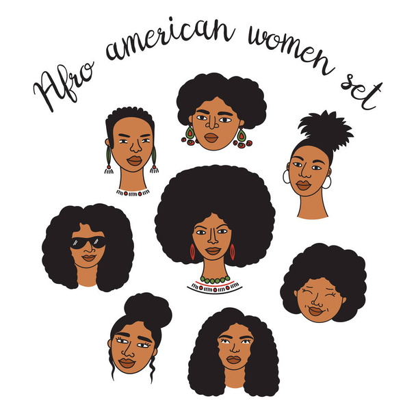 Αφρικανική αμερικανική γυναίκα αντιμετωπίζει σετ, ζωγραφισμένα στο χέρι λογότυπα των γυναικών φυλή negroid με σγουρά μαλλιά.Κοινωνική συλλογή avatars μέσων μαζικής ενημέρωσης, απλές εικόνες.Doodle στυλ, μινιμαλισμός.Απομονωμένη.Διάνυσμα - Διάνυσμα, εικόνα
