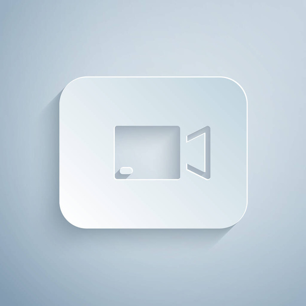 Papier gesneden Speel video knop pictogram geïsoleerd op grijze achtergrond. Filmstrip bord. Papierkunst stijl. Vector - Vector, afbeelding