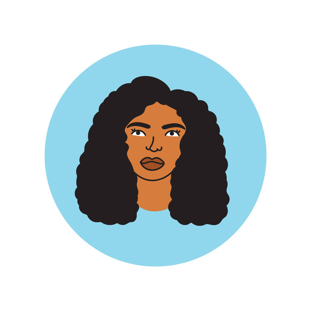 Africká americká žena tvář, ručně kreslené logo černošské rasy žena s kudrnatými vlasy.Sociální média avatar, jednoduché kulaté ikony.Doodle styl, minimalism.Isolated.Vector - Vektor, obrázek
