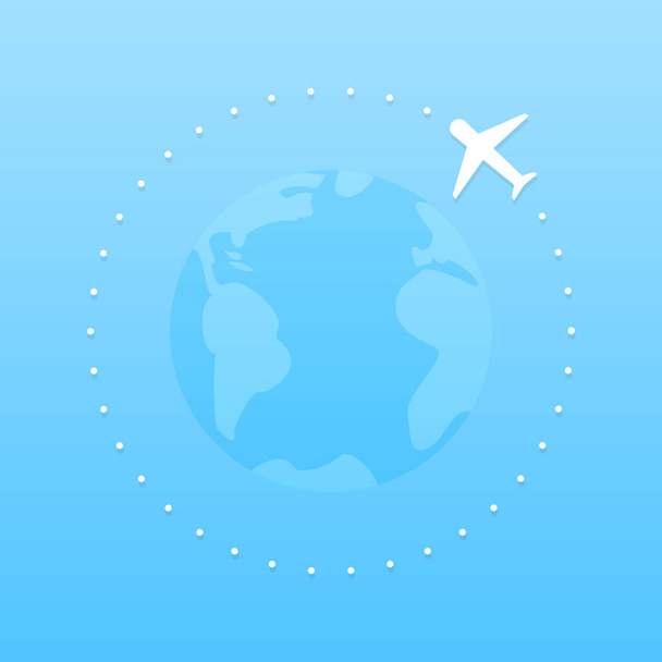 Avião voando ao redor do mundo. Ilustração vetorial, design plano - Vetor, Imagem