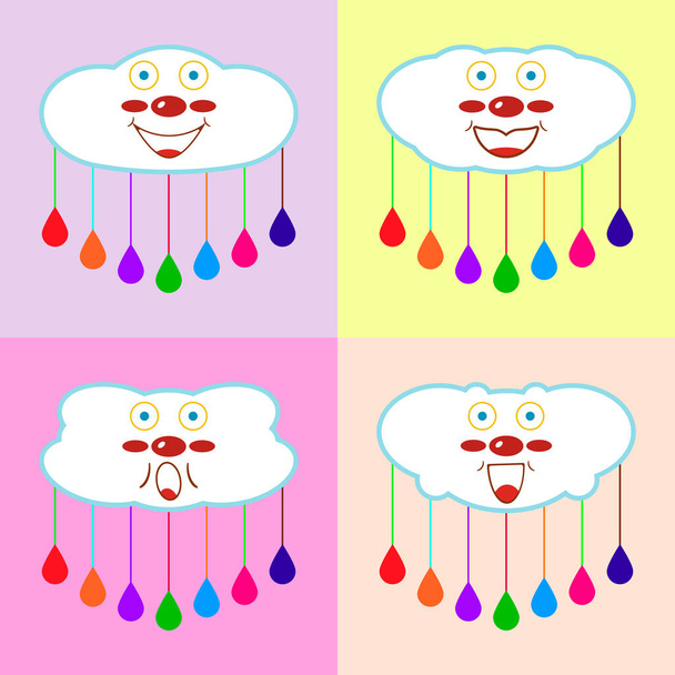 Conjunto de nubes de dibujos animados lindo con gotas de lluvia de colores y caras divertidas para la decoración de la habitación de los niños, tarjeta, interior, scrapbooking y otras ideas de diseño. Dibujo vectorial. - Vector, imagen