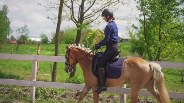 Feminino Jockey vestindo um capacete montando um belo cavalo pérola na arena arenosa - Filmagem, Vídeo