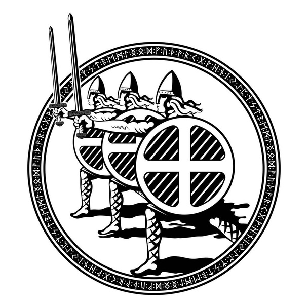 Vikingo, diseño escandinavo. Guerreros del norte berserkers con espadas y escudos - Vector, imagen