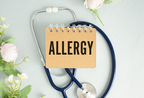 ALLERGY text with Background of Medicaments, Stethoscope - Fotoğraf, Görsel