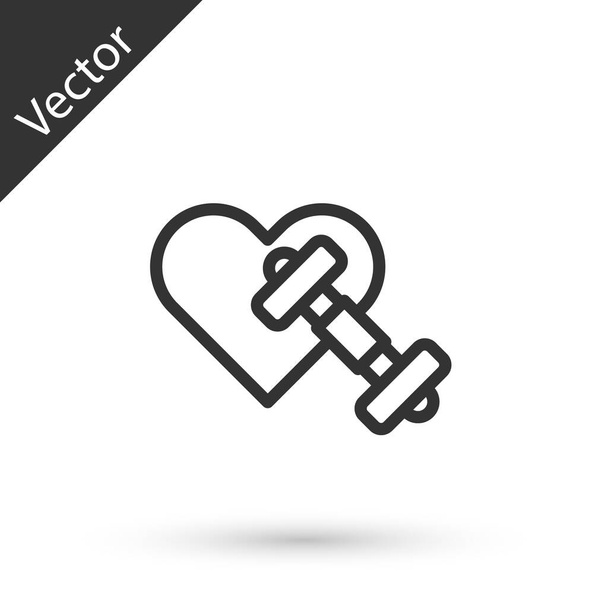 Linha cinza Dumbbell com ícone de coração isolado no fundo branco. Levantamento muscular, barra de fitness, equipamentos esportivos. Vetor - Vetor, Imagem