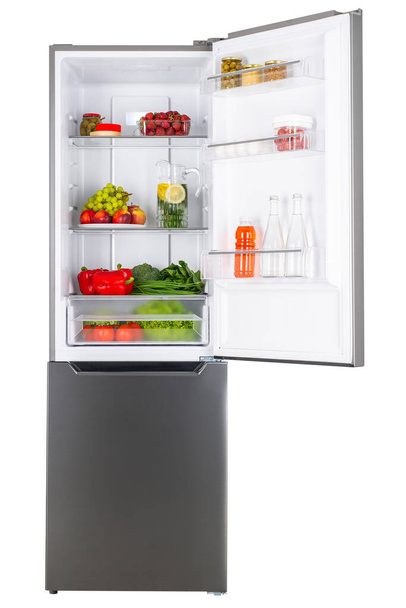 Open fridge full of fresh fruits and vegetables, healthy food background, organic nutrition, health care, dieting concept - Foto, Imagen