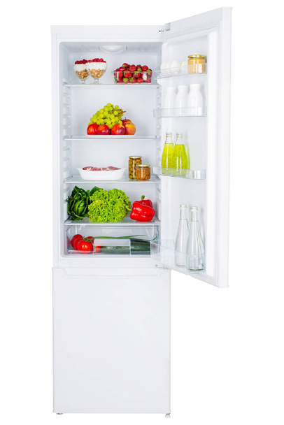 Nyissa meg a hűtő tele friss gyümölcsök és zöldségek, egészséges élelmiszer-háttér, bio táplálkozás, egészségügyi, diéta fogalma - Fotó, kép