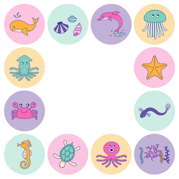 Een illustratieset van verschillende zeedieren zoals walvissen, octopussen en octopussen. - Vector, afbeelding