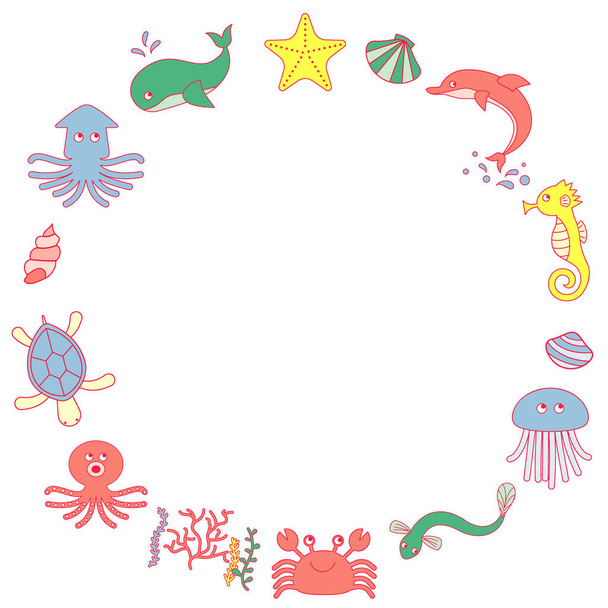 Een illustratieset van verschillende zeedieren zoals walvissen, octopussen en octopussen. - Vector, afbeelding