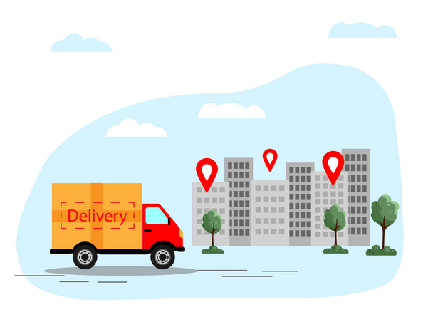 トラックは商品を配達します。オンライン配送サービスの概念は、オンライン注文追跡、家庭やオフィスの配達。ベクターイラスト - ベクター画像