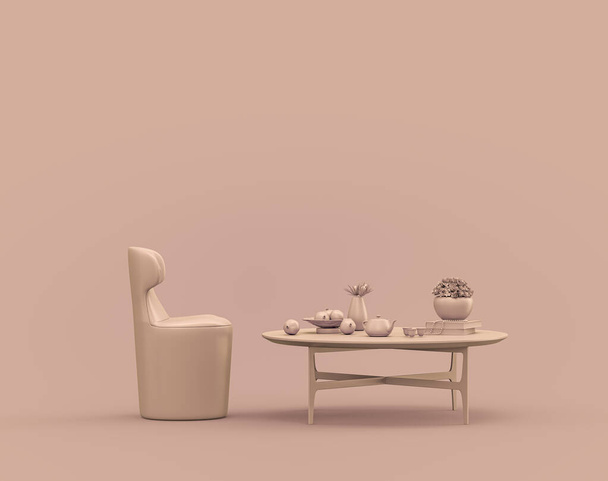 Single armchair and coffee table in monochrome single color rosy brown, pinkish color interior room with empty wall, 3d Rendering, no people, copy space - Fotoğraf, Görsel