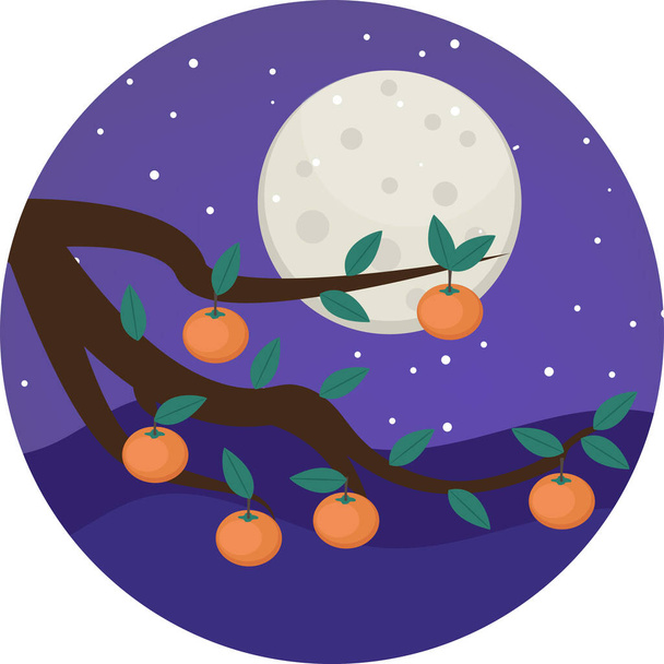 Persimmons on Tree Branch - Several bright orange persimmons hanging from tree branch. Happy Mid autumn festival Chuseok. Vector illustration - Vector, Image
