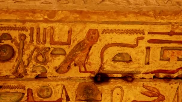 Various hieroglyphs, signs and symbols depicted inside the Karnak Temple in Luxor, Egypt.  - Filmati, video