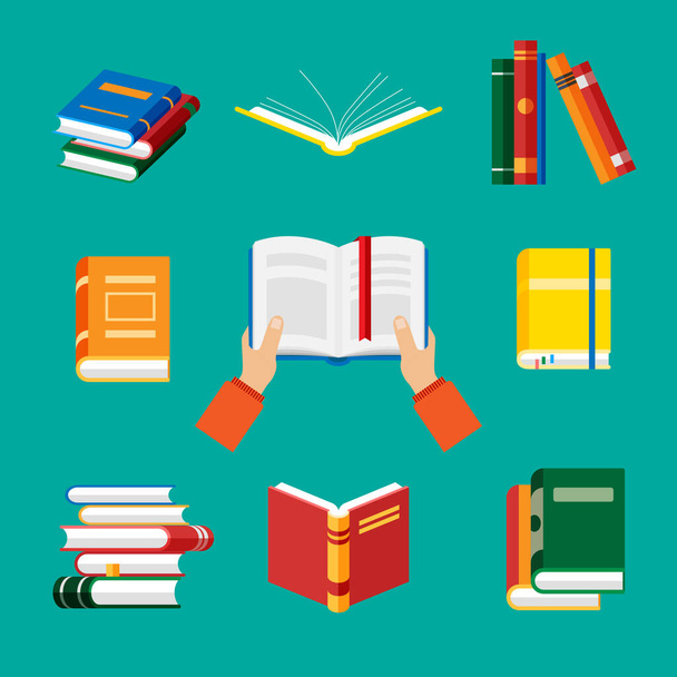 Set of book icons in flat style isolated on blue background. Vector hands holds open book. Opened notebook and diary with color bookmarks. Stack of literature and documents. Publication, study, learning. - Vektori, kuva