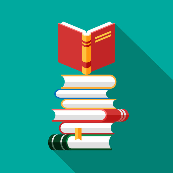 Set of book icons in flat style isolated on blue background. Vector heap of books with open book on a top. Stack of literature and documents. Publication, study, learning concept. - Vector, Image