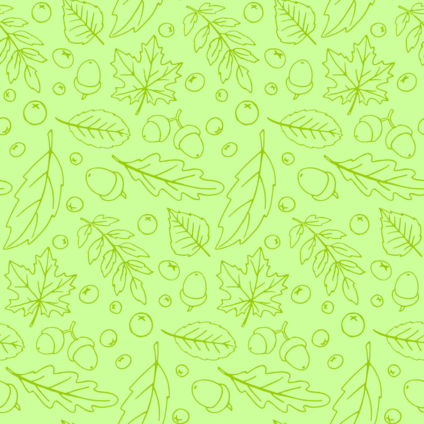 Zökkenőmentes minta hulló levelek, makkok, bogyók. Vektor őszi textúra elszigetelt zöld háttér, kézzel rajzolt vázlat stílusban. Fogalma erdő, levél ősz, természet, hálaadás. - Vektor, kép