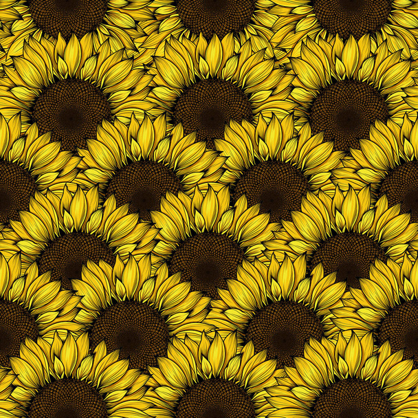 bezešvé vzor slunečnice, krásné venkovské pozadí se slunečnice, slunečnice ploché žluté květy slunečnice a žluté květy okvětní lístky slunečnice tisk design - Fotografie, Obrázek