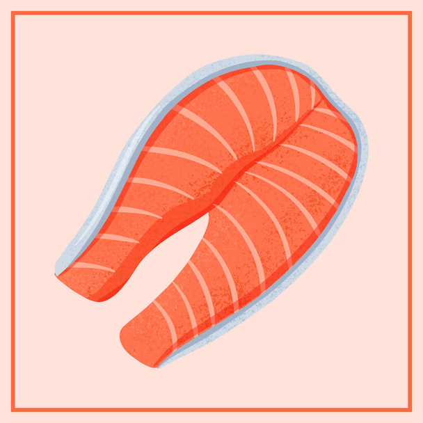 Frisch lecker Lachs Seefischfilet Vektor Hand gezeichnet Illustration isoliert auf rotem Hintergrund. - Vektor, Bild