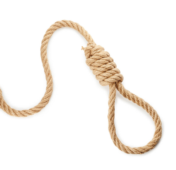 Rope noose with knot on white background, top view - Fotó, kép