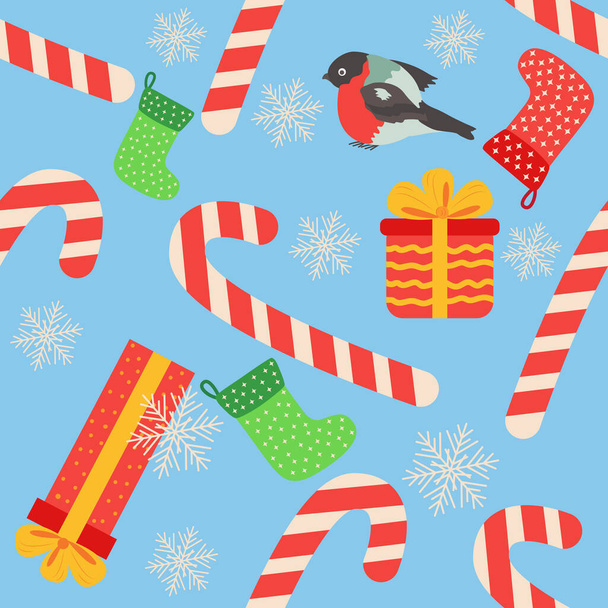 Christmas seamless pattern with candy cane, gift, stocking, bullfinch bird. Christmas wrapping paper. - Vektor, obrázek