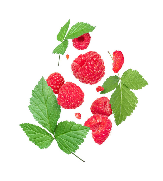 Ripe raspberries with green leaves closeup, isolated on a white background  - Fotoğraf, Görsel