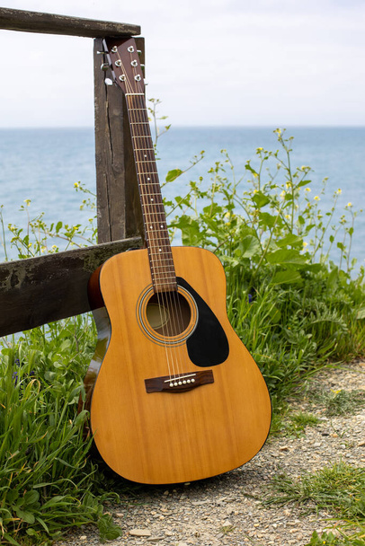 acoustic guitar stands near the fence in the green grass against the background of the sea. romantic music sound concept on the beach - Photo, Image