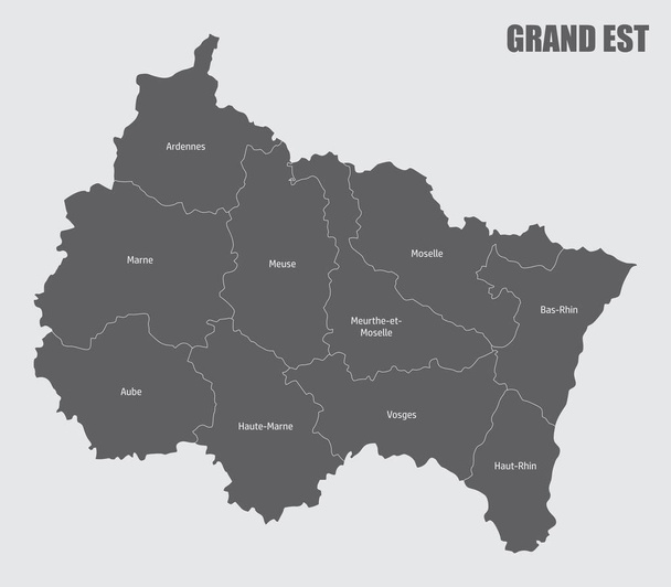 Grand Est administrativní mapa rozdělena do oddělení s etiketami, Francie - Vektor, obrázek