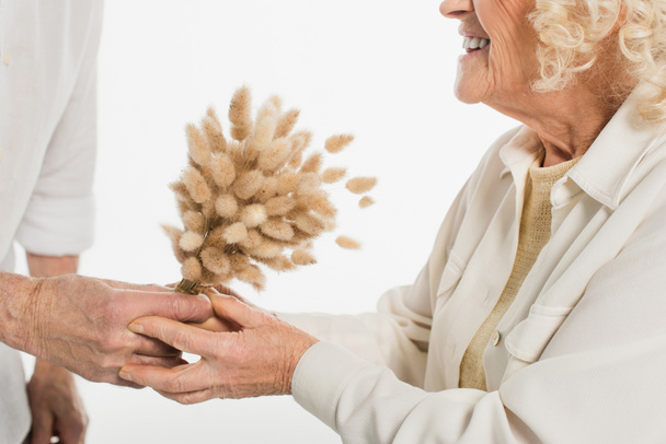 vue partielle de l'homme âgé présentant des fleurs séchées à la femme isolée sur blanc - Photo, image