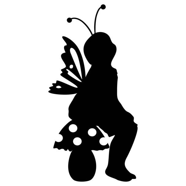 Silhouette Sittinh ragazza con ali buttefly seduto su fungo. Illustrazione vettoriale. - Vettoriali, immagini