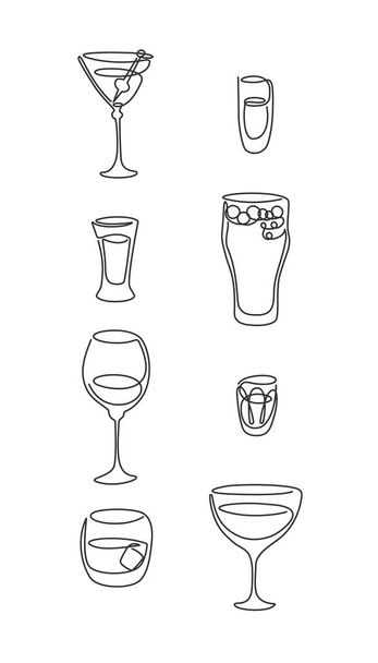 白を基調としたマティーニ・ラム・レッド・ワイン・テキーラ・ビール・ウィスキー・ヴェルムート・ウォッカ・グラス。無料の黒の白い漫画のグラフィックスケッチ。手描き連続線道 - ベクター画像