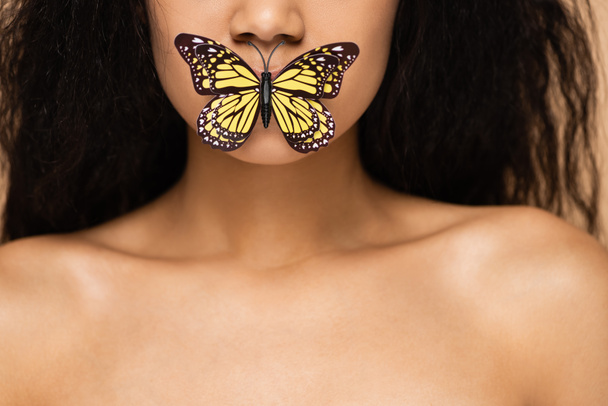 vista cortada da jovem americana africana com borboleta nos lábios  - Foto, Imagem
