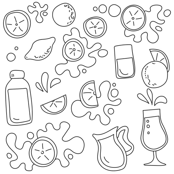 Sarja ääriviivat doodles sitrushedelmiä, koko puolikkaat ja mehukas sitruunat, appelsiinit ja greippi juomat vektori kuva - Vektori, kuva