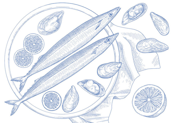 Mussel, saury, seafood in Pen Style Illustration - Vector, Image