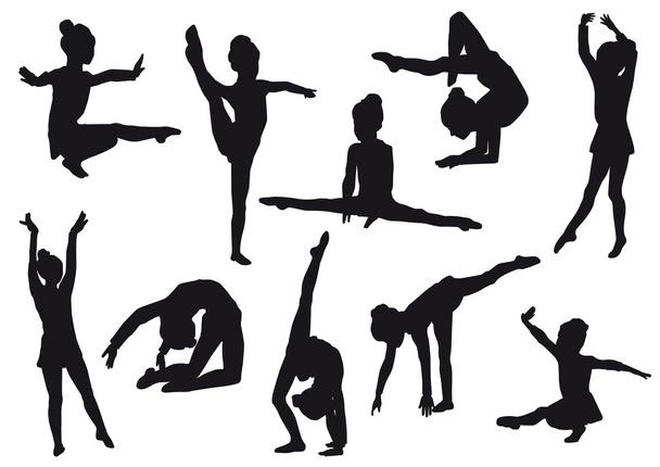 Silhouettes of gerl, children at dance, aerobics, shaping. - Vector, Image