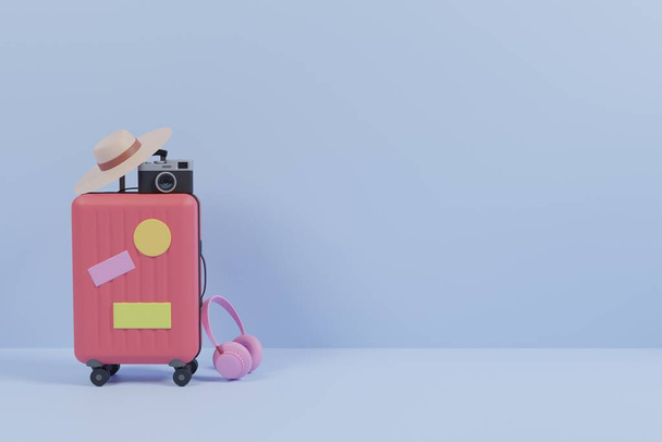 Traveling stuffs isolated on blue background. Luggage, camera, passport, headphone, beach hat in 3d rendering  - Φωτογραφία, εικόνα