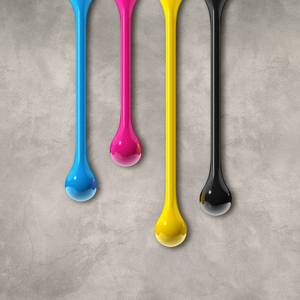 3D cmyk ink drops isolated on grey concrete background. square wallpaper. Illustration - Фото, изображение