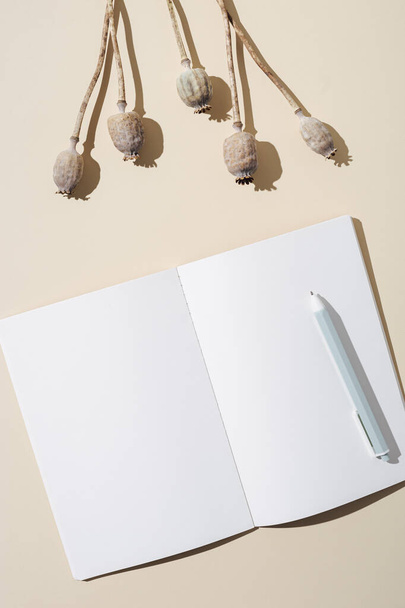 View of desk from above with open notebook with blank pages decorated natural autumn plant poppy. Autumnal concept with copy space. - Фото, изображение