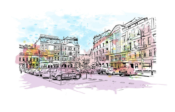 Print Building view with landmark of Bydgoszcz is a city in northern Poland. Watercolor splash with hand drawn sketch illustration in vector. - Vector, Image
